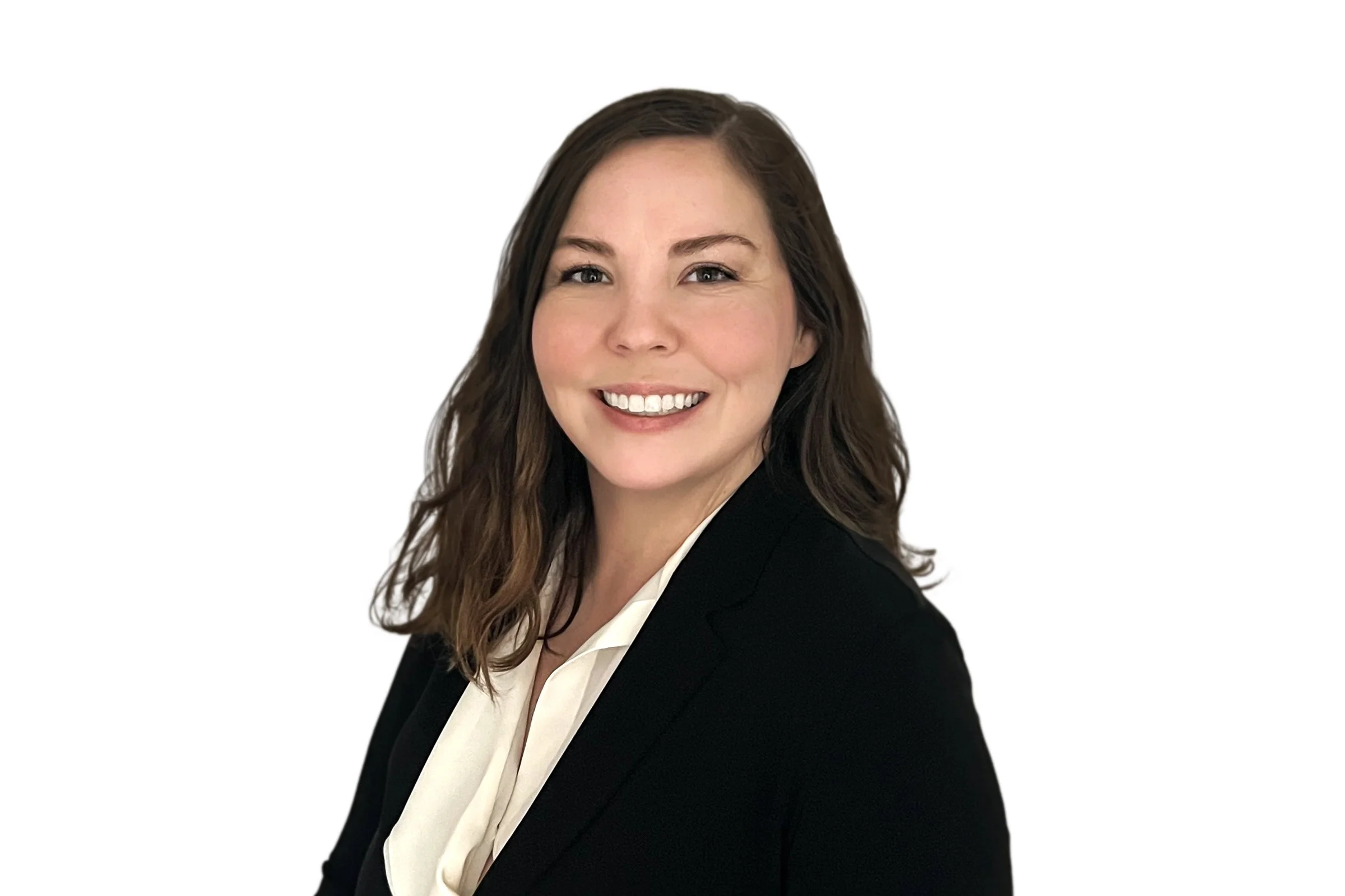 A professional woman with long brown hair wearing a black blazer and white shirt, smiling against a plain white background.