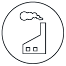 Outline of a factory or industrial building with a chimney emitting smoke, enclosed in a circle.