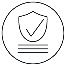 Outline of a shield with a check mark inside, surrounded by a circle, representing security or protection.