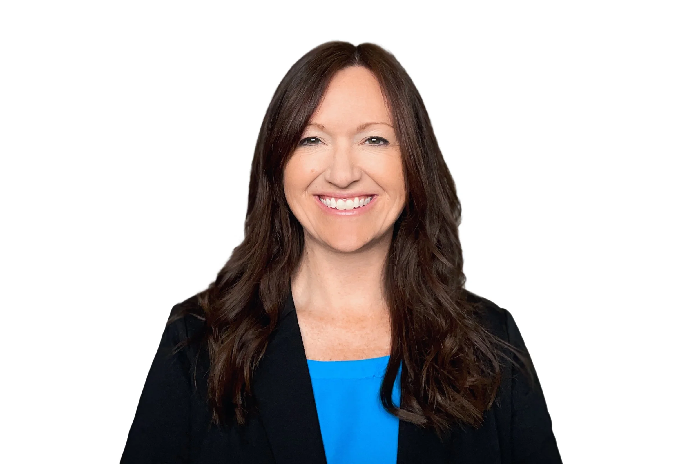 A woman with long brown hair, smiling, wearing a blue-colored shirt, against a plain white background.