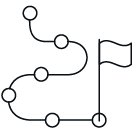 A simple black line drawing of a map or route with connected points and a flag marking a destination.