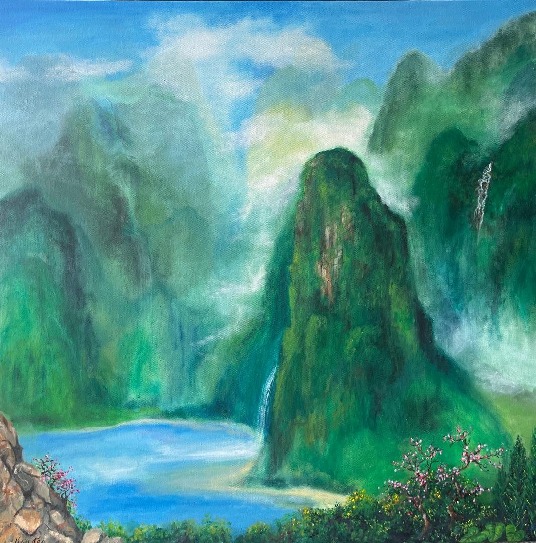 Green Mountains with Mist and Waterfalls