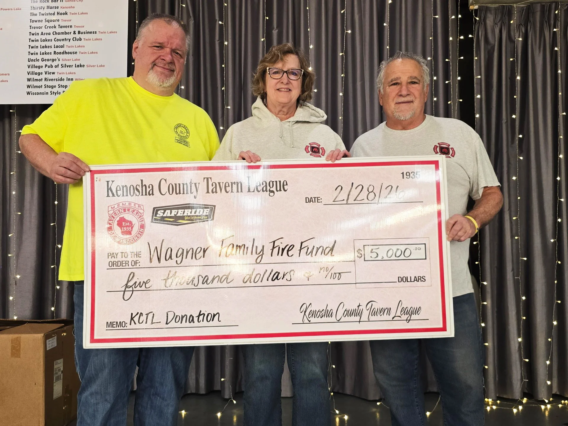 Wagner Family Fire Fund receives donation from the Kenosha County Tavern League
