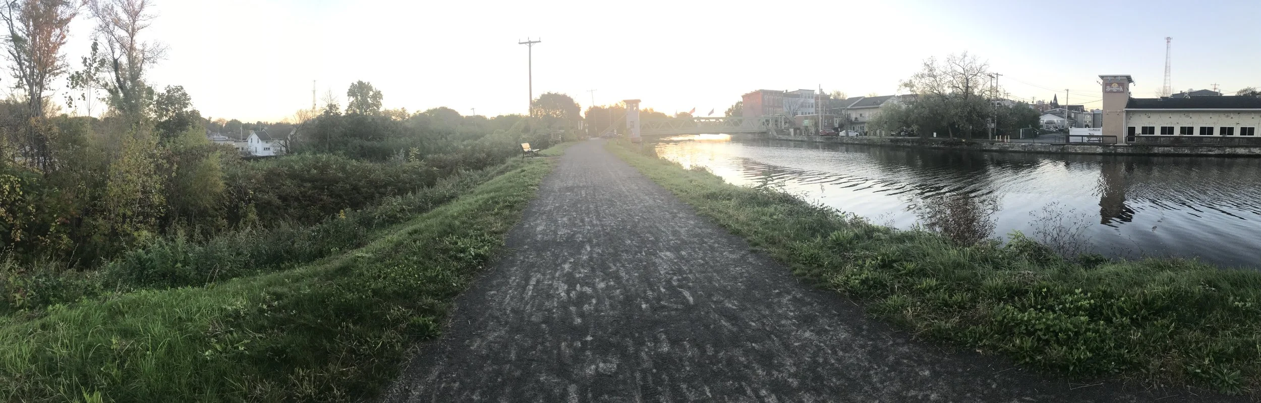 Erie Canal, Brockport, NY | Looking east from the trail, the north side of the Canal is an earthen embankment and the concrete wall on the south side is not.
