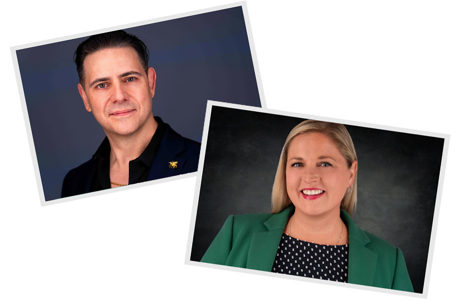 Two headshots: one of a man with slicked back black hair wearing a black blazer with a golden bee pin and another with a blonde woman smiling and wearing a green blazer over a black and white polka dot shirt.