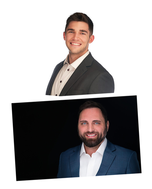 Two headshots of men. The top photo features a white man with dark hair smiling and wearing a grey blazer over a white button up. The bottom photo features a man with dark hair and a beard wearing a blue blazer over a white button up.