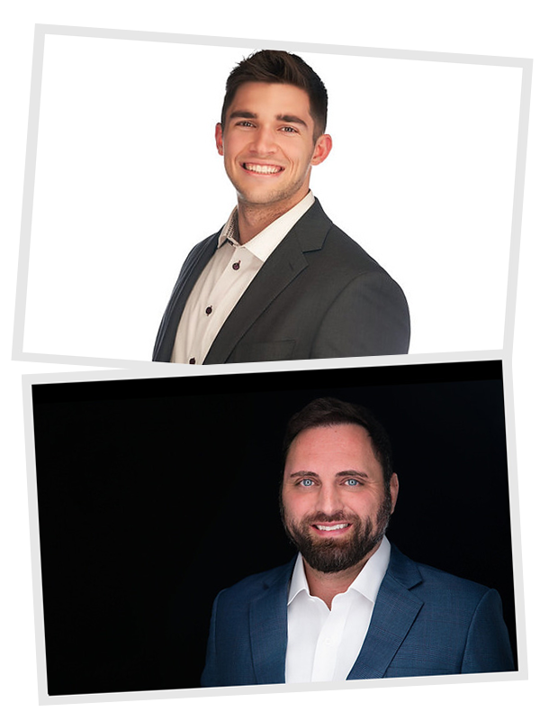 Two headshots of men. The top photo features a white man with dark hair smiling and wearing a grey blazer over a white button up. The bottom photo features a man with dark hair and a beard wearing a blue blazer over a white button up.