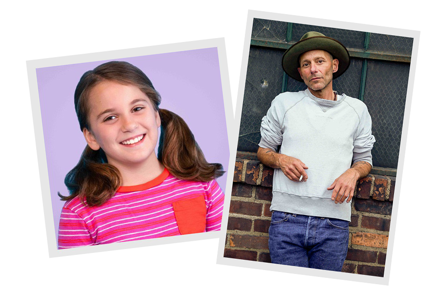 Two headshots with bordered frames - one is a young girl with brown pigtails and a pink striped shirt, the other is a bald man leaning on a brick wall