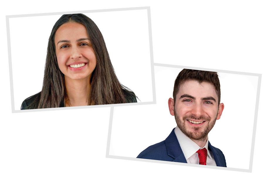 Two professional headshots, one of a smiling woman with long dark hair and a black blazer, and another of a smiling man with short hair and a beard in a navy suit and red tie, on a white background.
