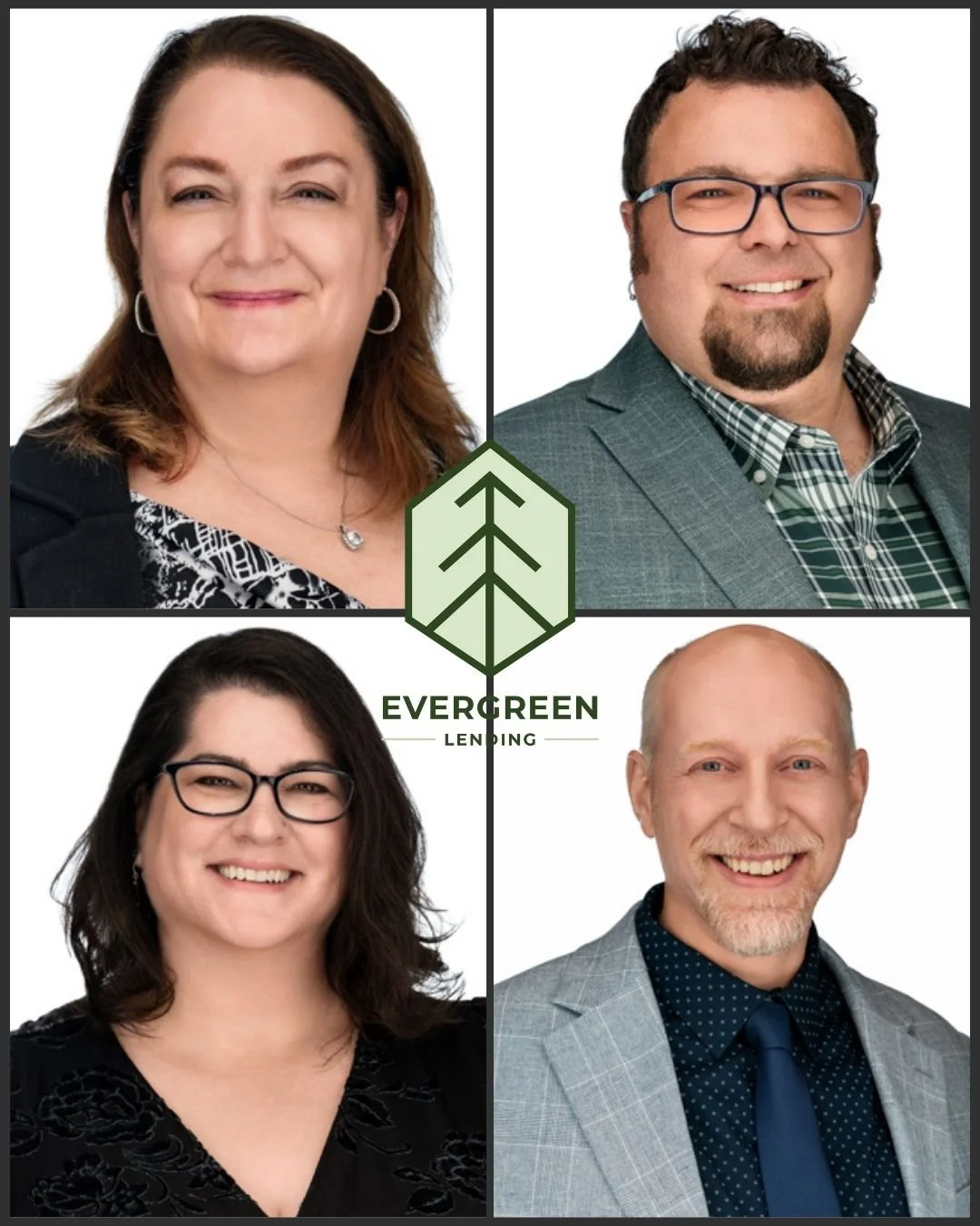 Composite of 4 branded headshots with the Evergreen Lending logo in the center