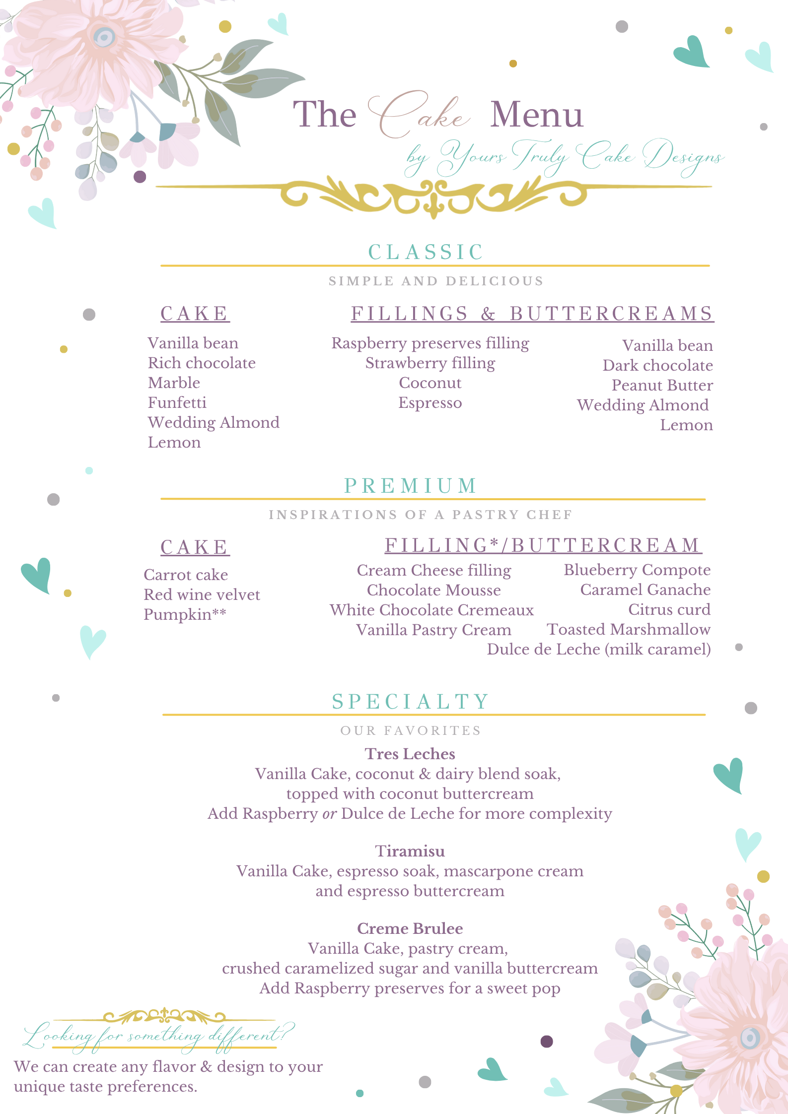 A pastel-colored cake menu titled 'The Cake Menu by Yours Truly Cake Designs' with sections for classic, premium, and specialty cakes, surrounded by floral and heart decorations.