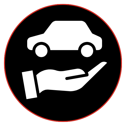 Car maintenance or roadside assistance icon with a hand supporting a car inside a red circle.