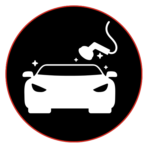 Icon of a car with a paint spray gun above it, representing car painting or detailing, enclosed in a red circle.