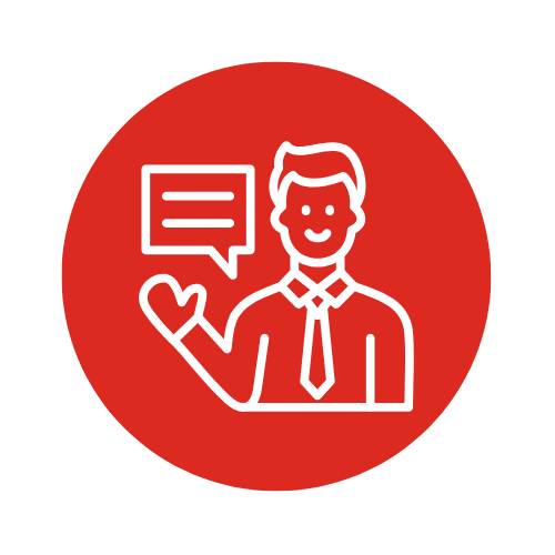 Icon of a person smiling, wearing a shirt and tie, with a speech bubble and a waving hand, on a red circular background.