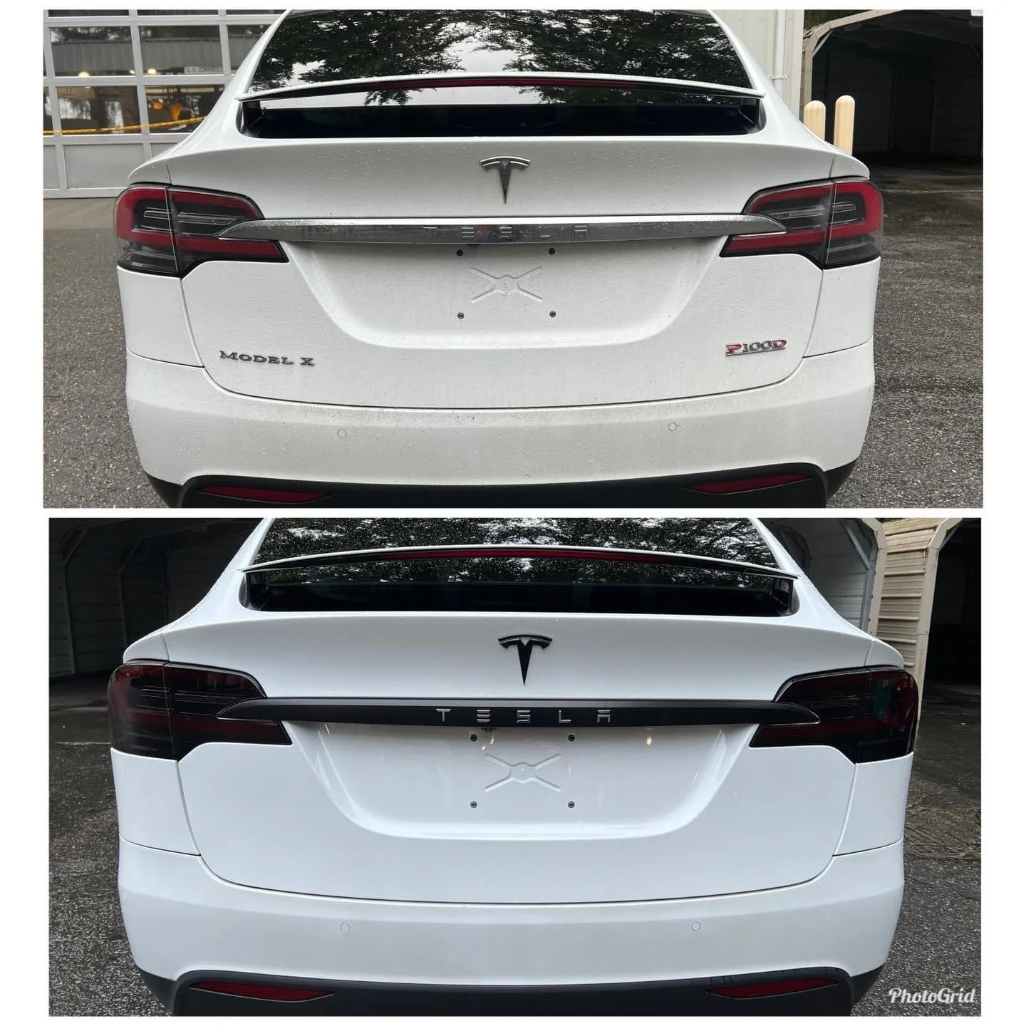 Comparison of a white Tesla Model X rear view showing 'Model X' and 'P100D' badges in the top image, and a modified badge display in the bottom image with 'Tesla' spelled out.