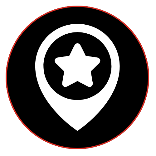 Icon of a map pin with a star inside, surrounded by a red circle on a black background.