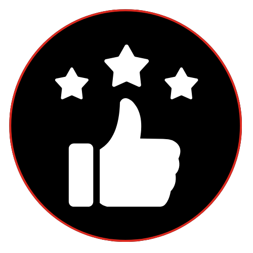 Thumbs up with three stars above it, all within a red circle on a black background.
