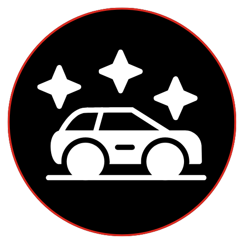 Icon of a car surrounded by three sparkling stars on a black background with a red circle outline.