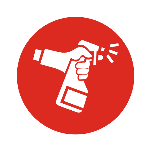 Icon of a hand holding a spray bottle, spraying cleaning solution, on a red circular background.
