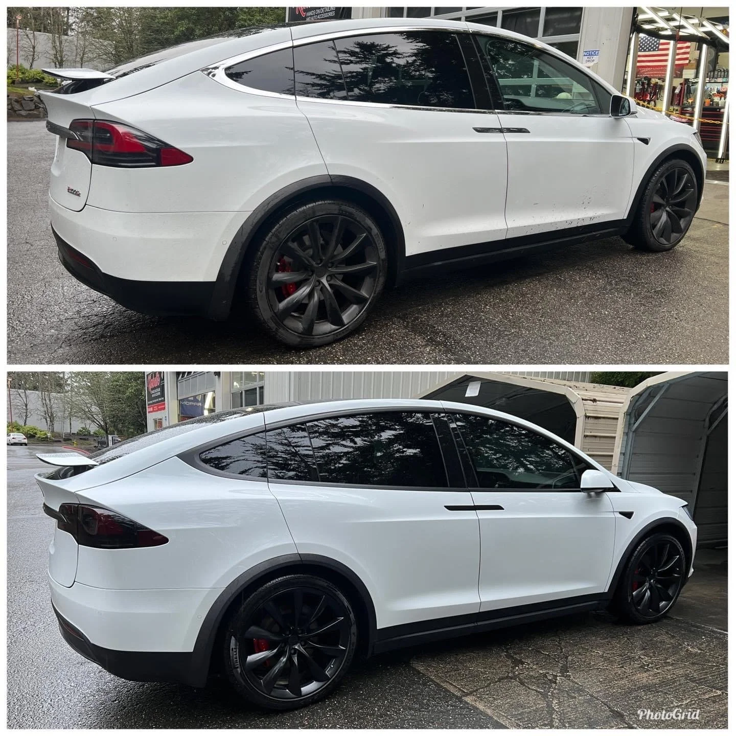 White Tesla Model X SUV with black rims parked outside a building, shown in two angles.