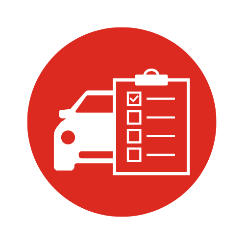 Icon of a car and checklist within a red circle.