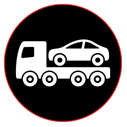 Icon of a car being transported on a flatbed truck inside a red circle.
