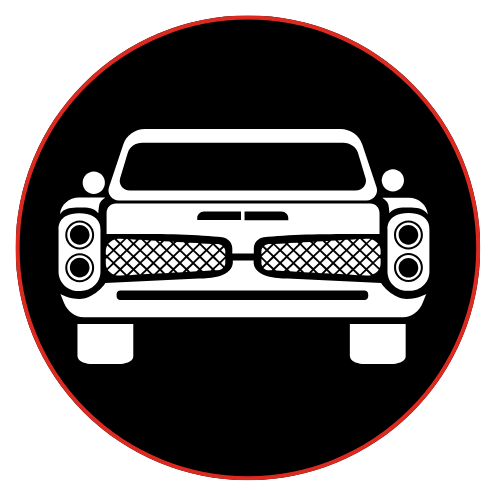 Front view of a stylized white car logo on a black background with red circle outline.