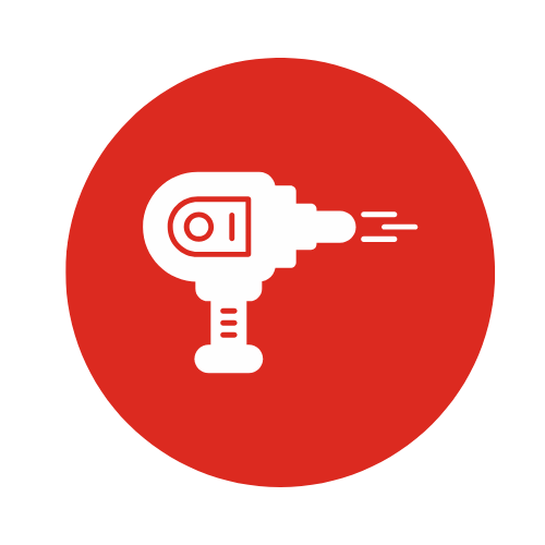 Icon of a power drill with a red background.