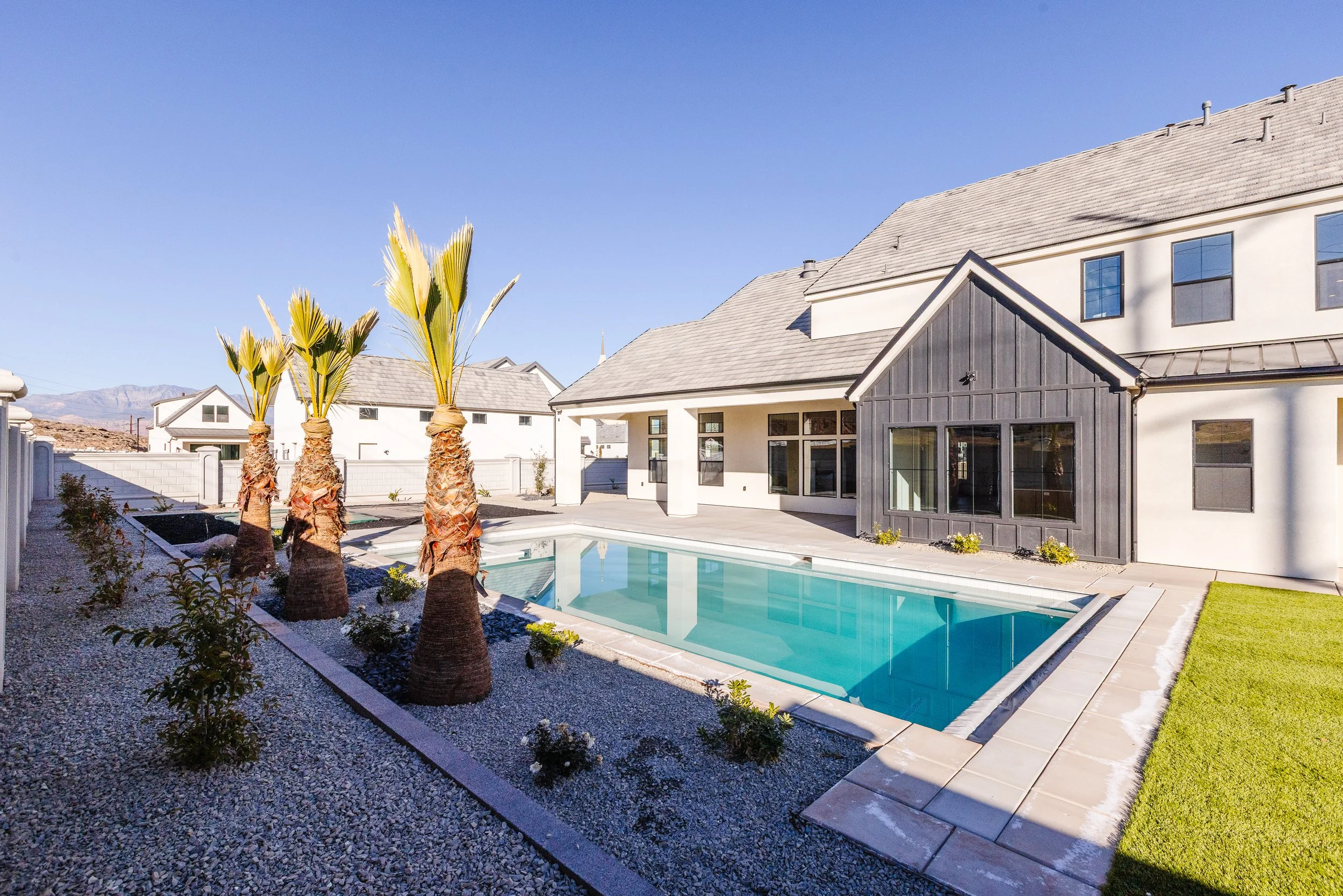 Backyard with a swimming pool, three palm trees, surrounding plants, and a modern house with large windows, set against a clear blue sky.