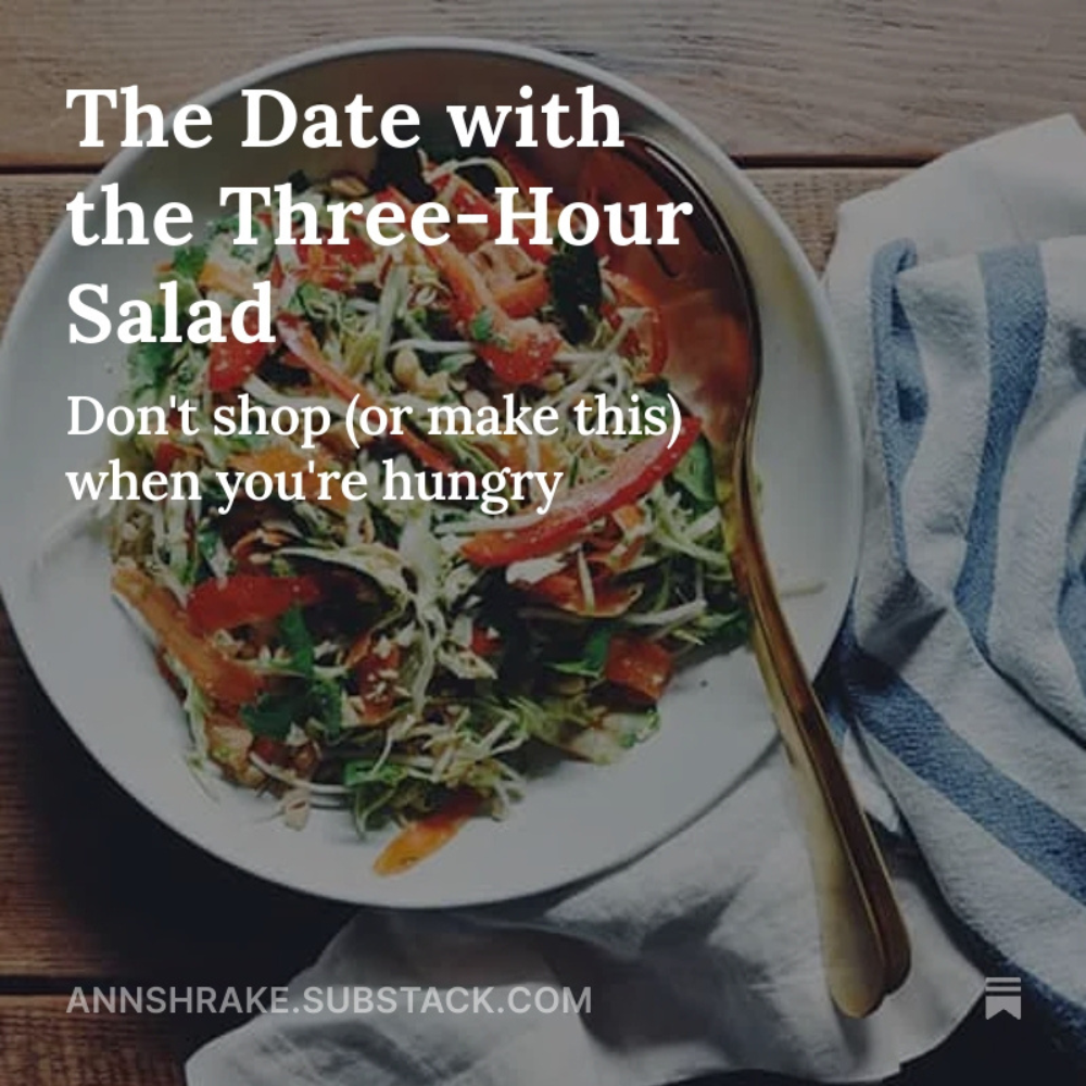 A fresh vegetable Thai salad with red peppers, greens, and bean sprouts, placed on a wooden surface with a blue and white striped cloth and a golden spoon. Overlaid text reads "The Date with the Three-Hour Salad"