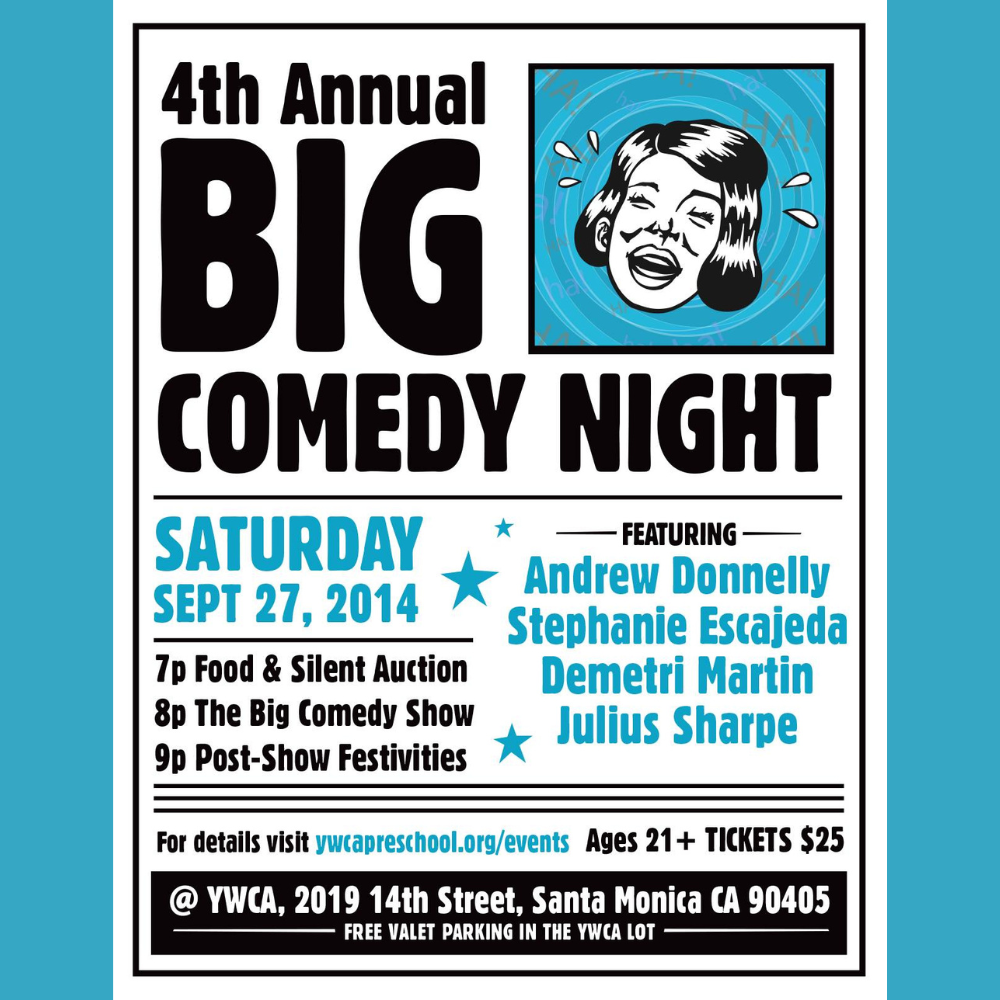 4th Annual Big Comedy Night event poster for the YWCA Santa Monica Preschool. Image of woman laughing to the point of tears.