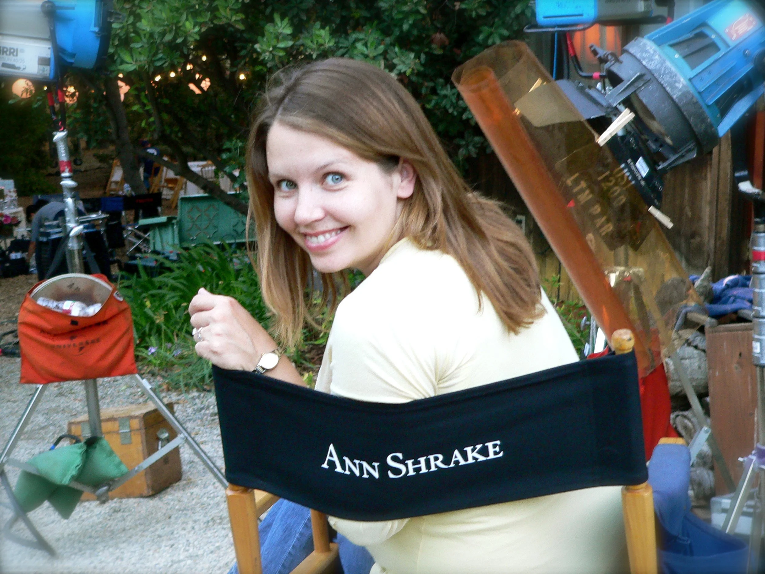 Screenwriter Ann Shrake sits in director's chair on the set of the Ghost Whisperer episode she wrote with Vivian Lee. The show starred Jennifer Love Hewitt.