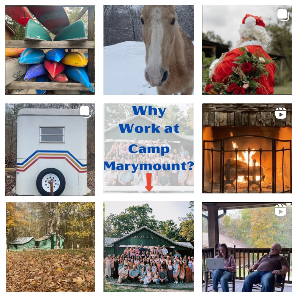 Collage of nine images of a TN camp, a horse, Santa Claus with a bouquet, a camper trailer, a sign reading 'Why Work at Camp Marymount?', a fireplace, a wooded area with a cabin, a girl holding a heart-shaped rock, and two people sitting on a porch.
