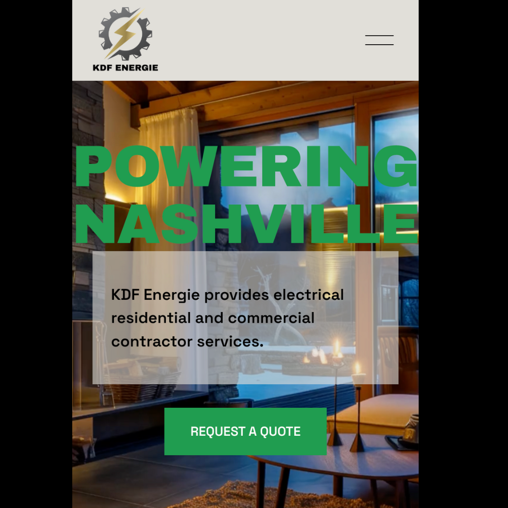 KDF Energie website homepage with logo, large green text 'Powering Nashville', a description of electrical services, and a green button labeled 'Request a Quote' over a cozy interior with windows and warm lighting.