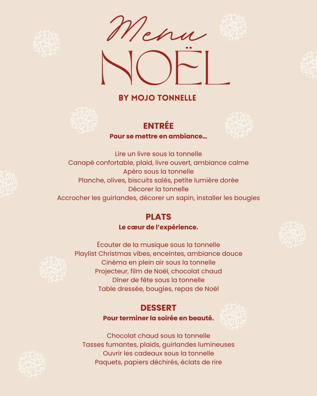 Un menu qui se savoure dehors ✨

Du premier moment pos&eacute; sous la tonnelle,
jusqu&rsquo;aux derniers rires bien emmitoufl&eacute;s.

Ici, chaque instant trouve sa place : on partage, 
on prolonge, on profite.
Parce qu&rsquo;une tonnelle, ce n&rs
