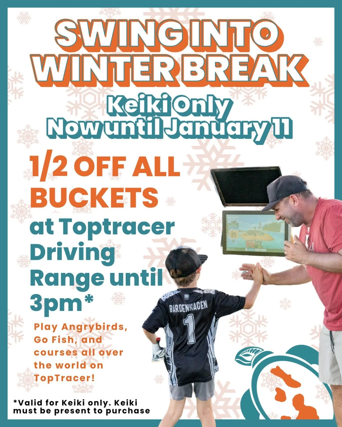 Swing into Winter Break! ⛳️❄️ Keiki get &frac12; off all buckets at the TopTracer Driving Range 🎯 Dec 24 through January 11, until 3pm ⏰

Play Angry Birds 🐦, Go Fish 🐟, and tee it up on courses around the world 🌍 &mdash; the perfect way to keep k
