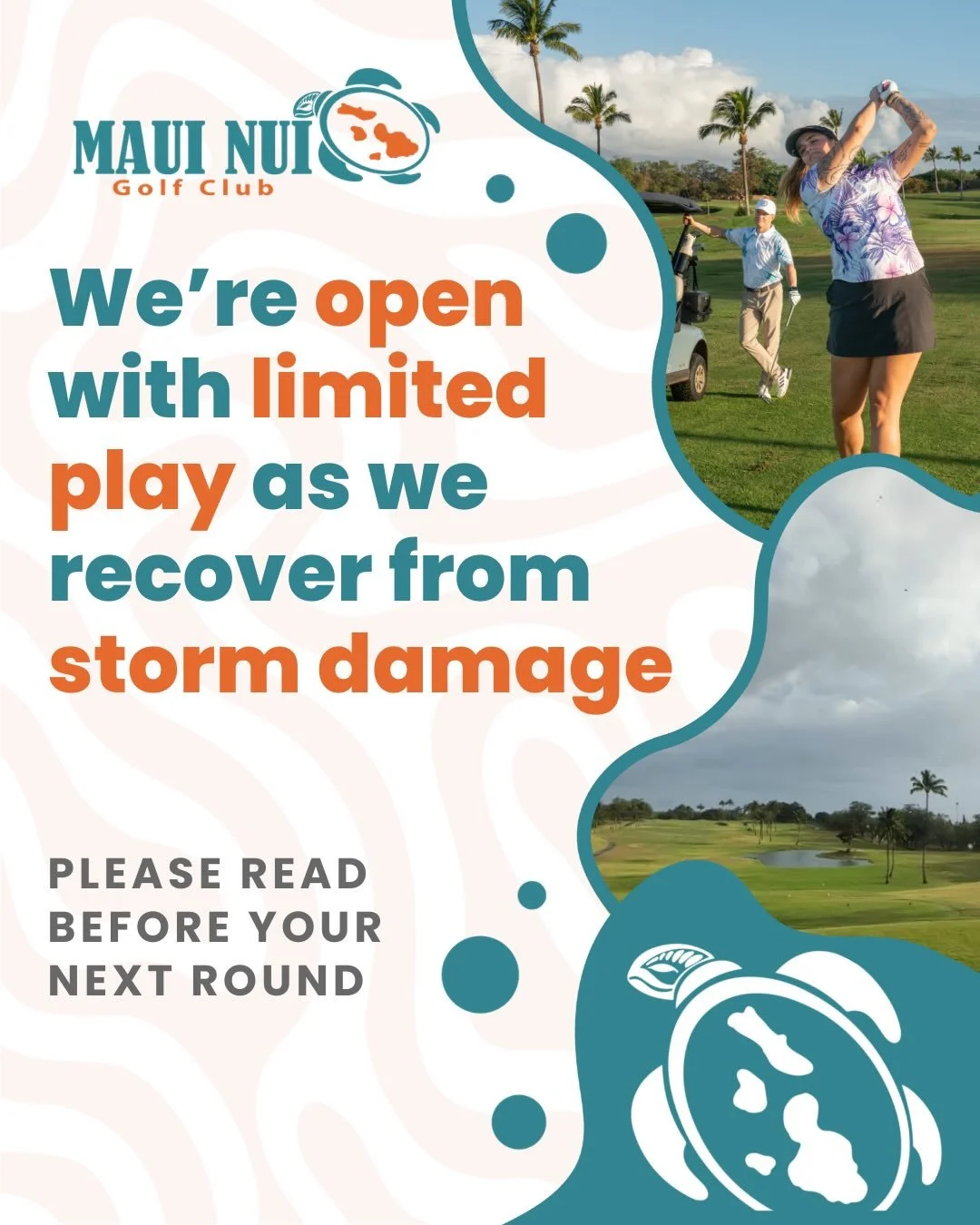 COURSE UPDATE:

We&rsquo;re incredibly thankful for the first responders and everyone who supported the community through the kona low storm. Here&rsquo;s the latest course update.
 🌧️ Holes 2&ndash;9 are closed until next week due to flood damage a