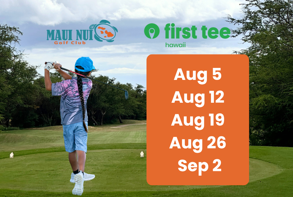 Child hitting golf club representing First Tee Hawaii at Maui Nui Golf Club