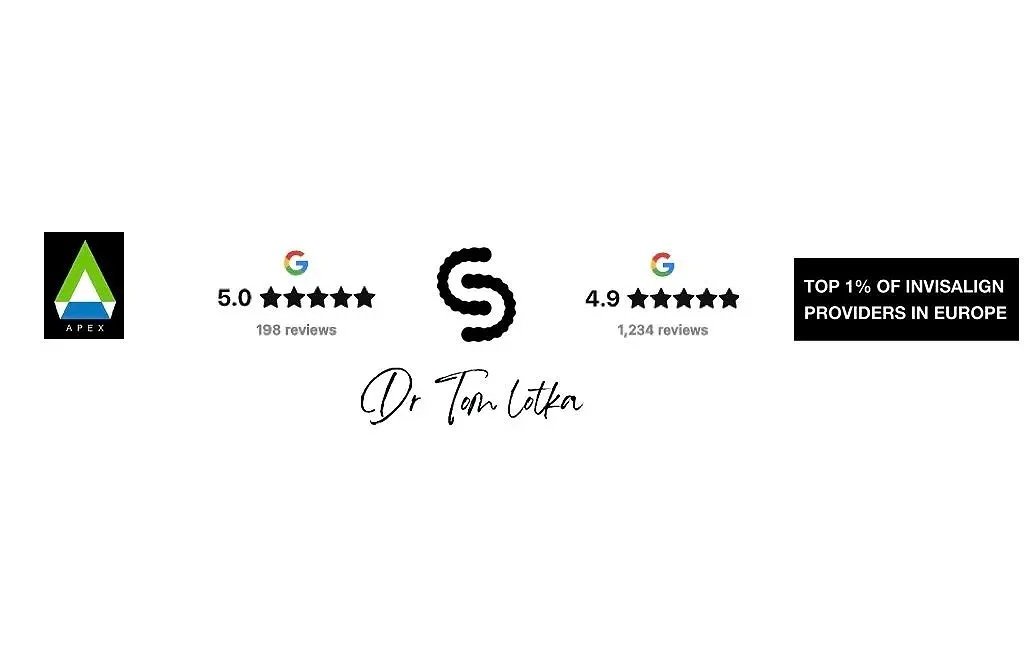 Graphic featuring ratings and reviews for Invisalign providers, including Apex with a 5.0-star rating from 198 reviews and another provider with a 4.9-star rating from 1,234 reviews. The center displays a stylized "S" and the text "Dr. Tom Lotka" with logos and labels indicating top Invisalign provider in Europe.