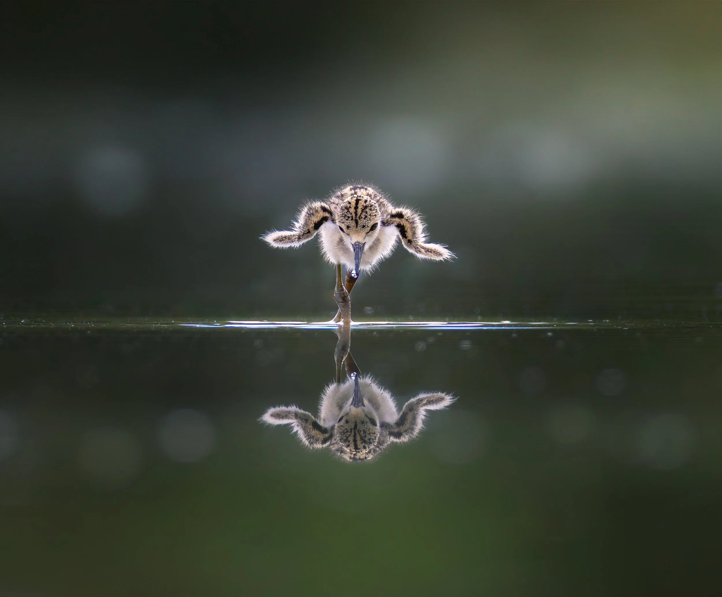 A small wading bird chick walking on water with its reflection visible below.