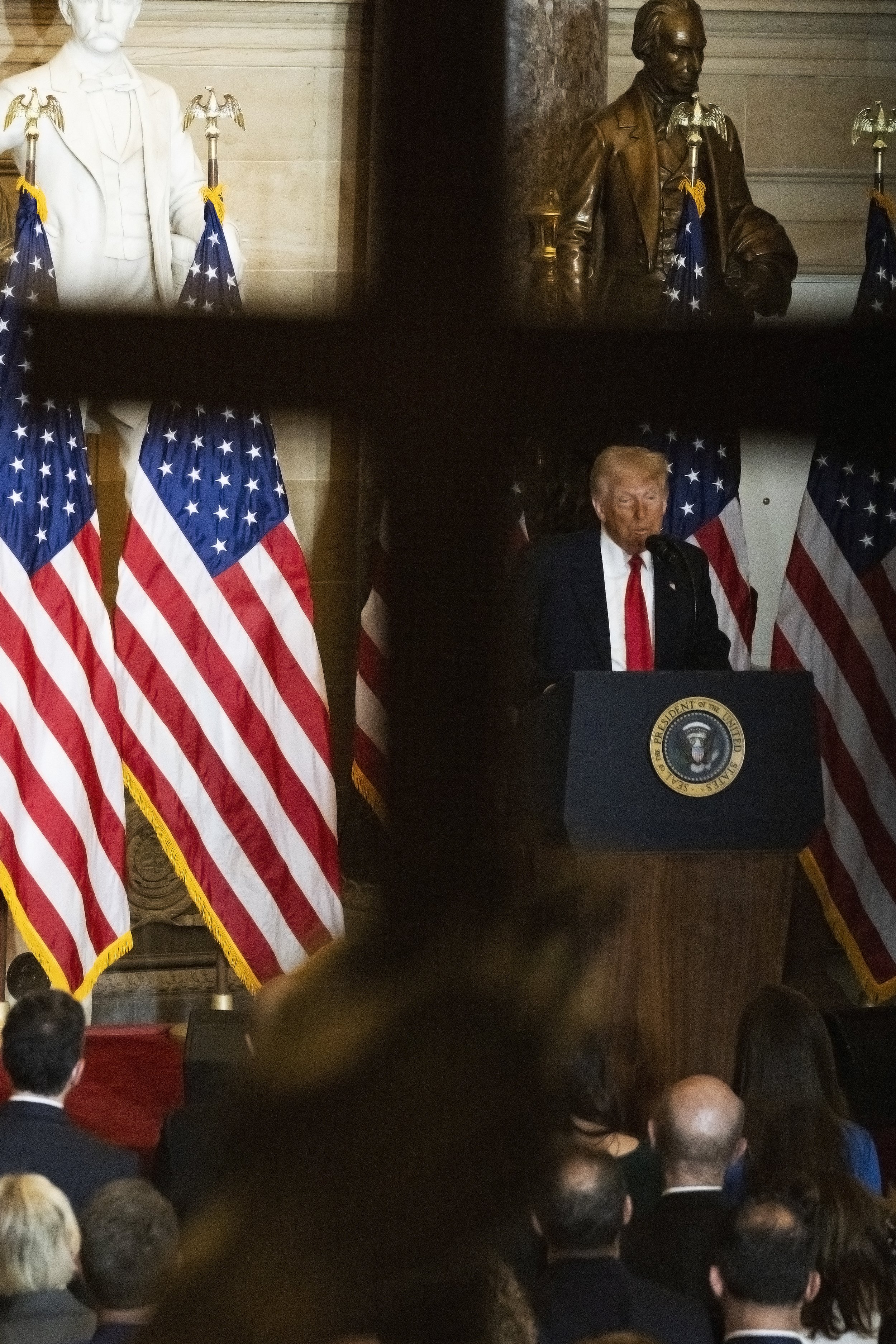 United States President Donald J Trump speaks at the National Prayer Breakfast in Statuary Hall in the US Capitol on Thursday, February 6, 2025. He speaks primarily about his experience coming close to death during the assassination attempt on his li