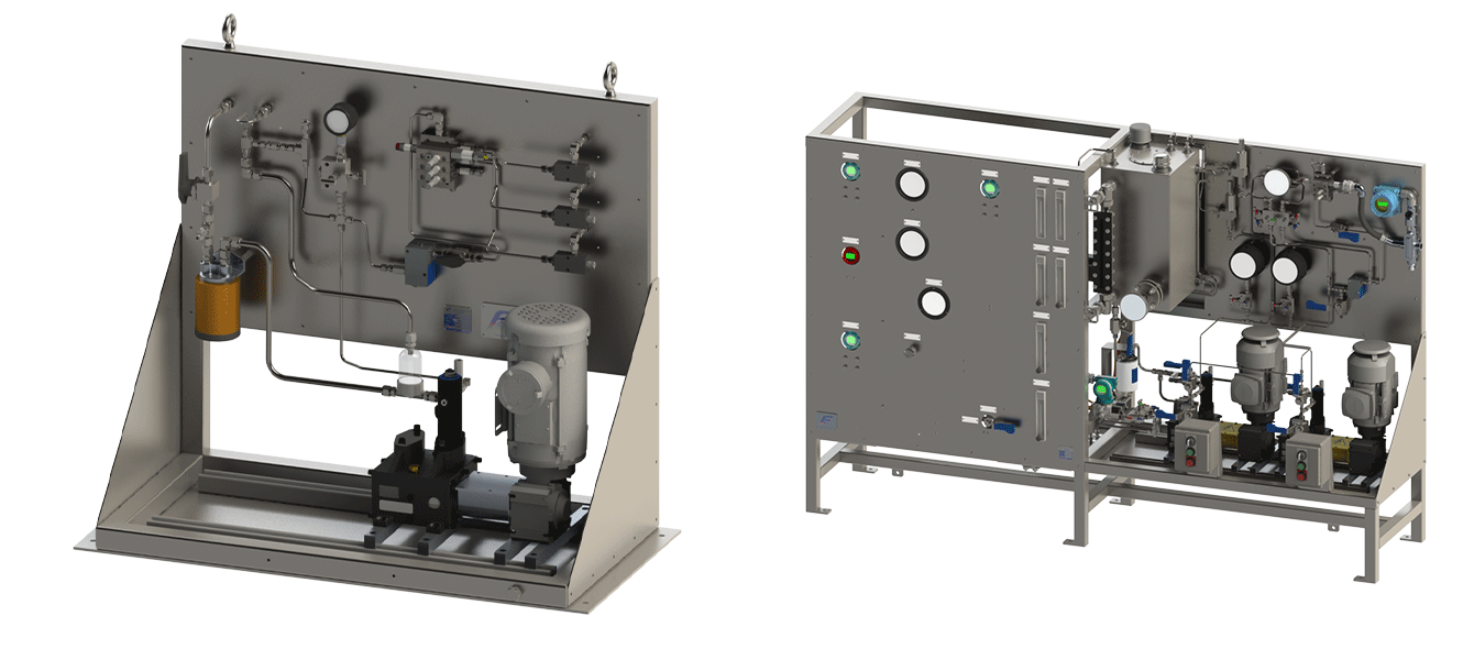 Rendering of a basic lubricator pointing at a complex lubricator rendering.