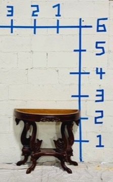 Wooden demilune side table with dimensions shown.