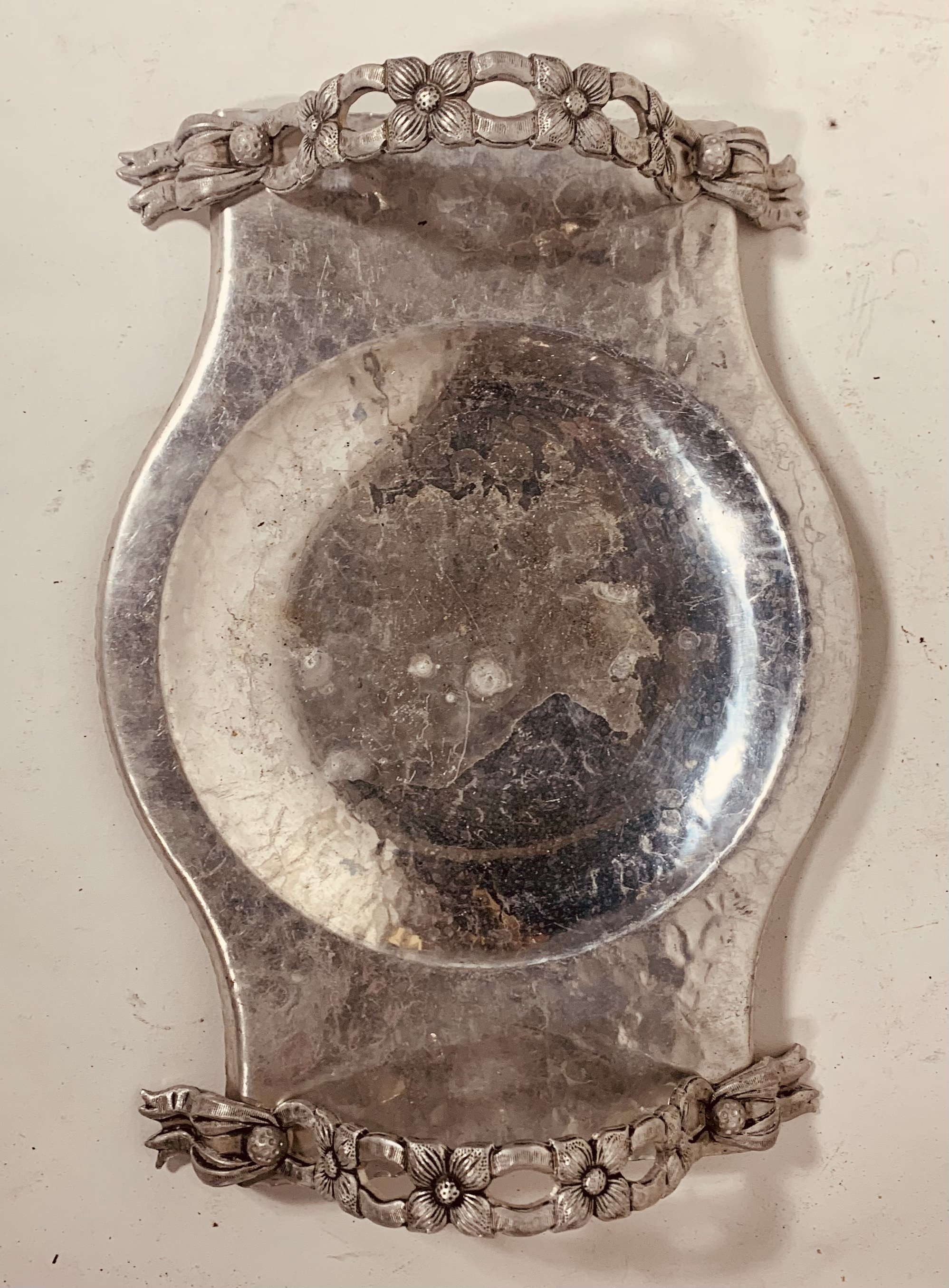 top view silver platter with arch handles