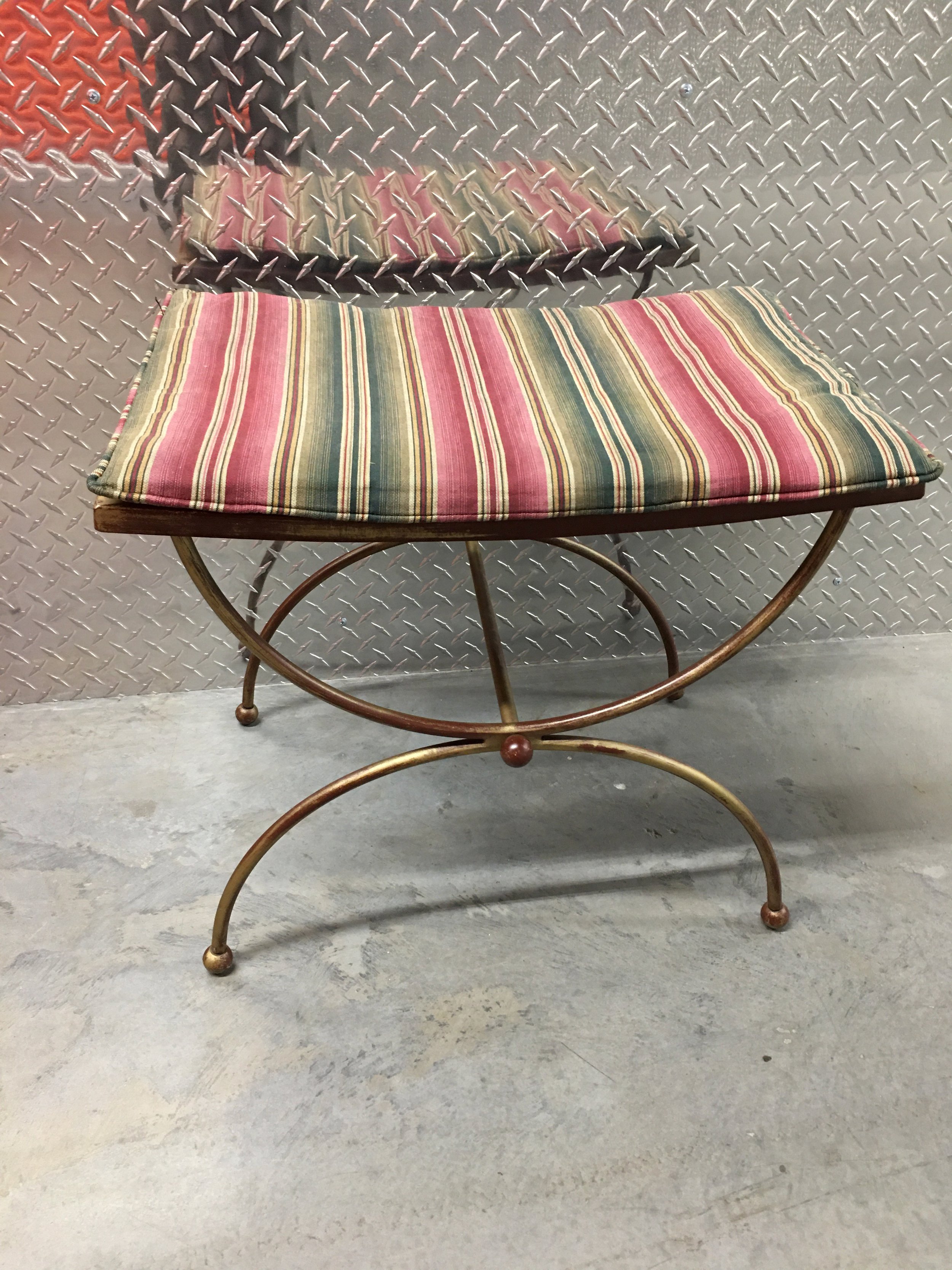 red and green square striped stool with brass frame