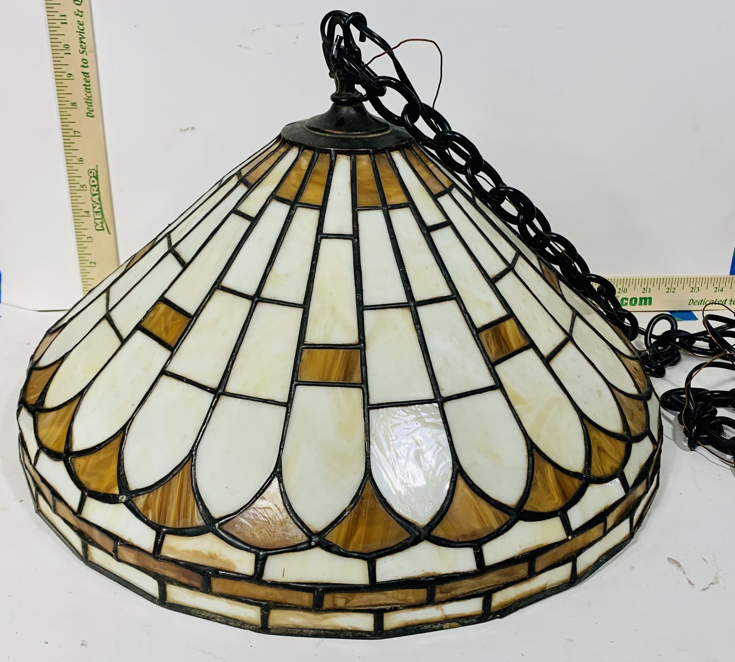 Brown and ivory stained glass pendant lamp with black chain
