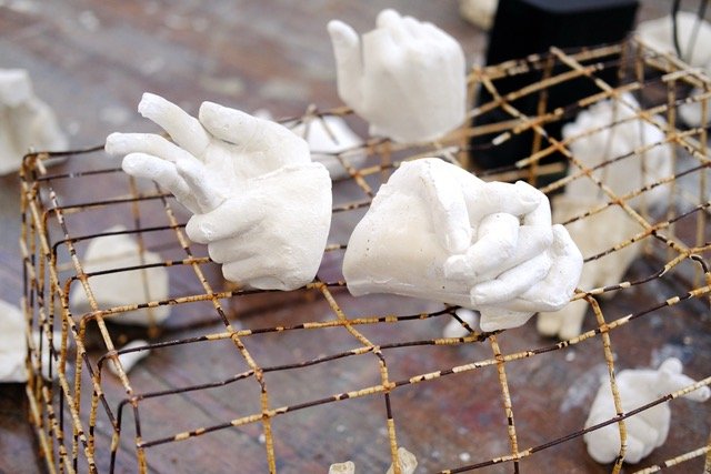 Stilled. Plaster sculptures, metal basket, dimensions variable, 2024