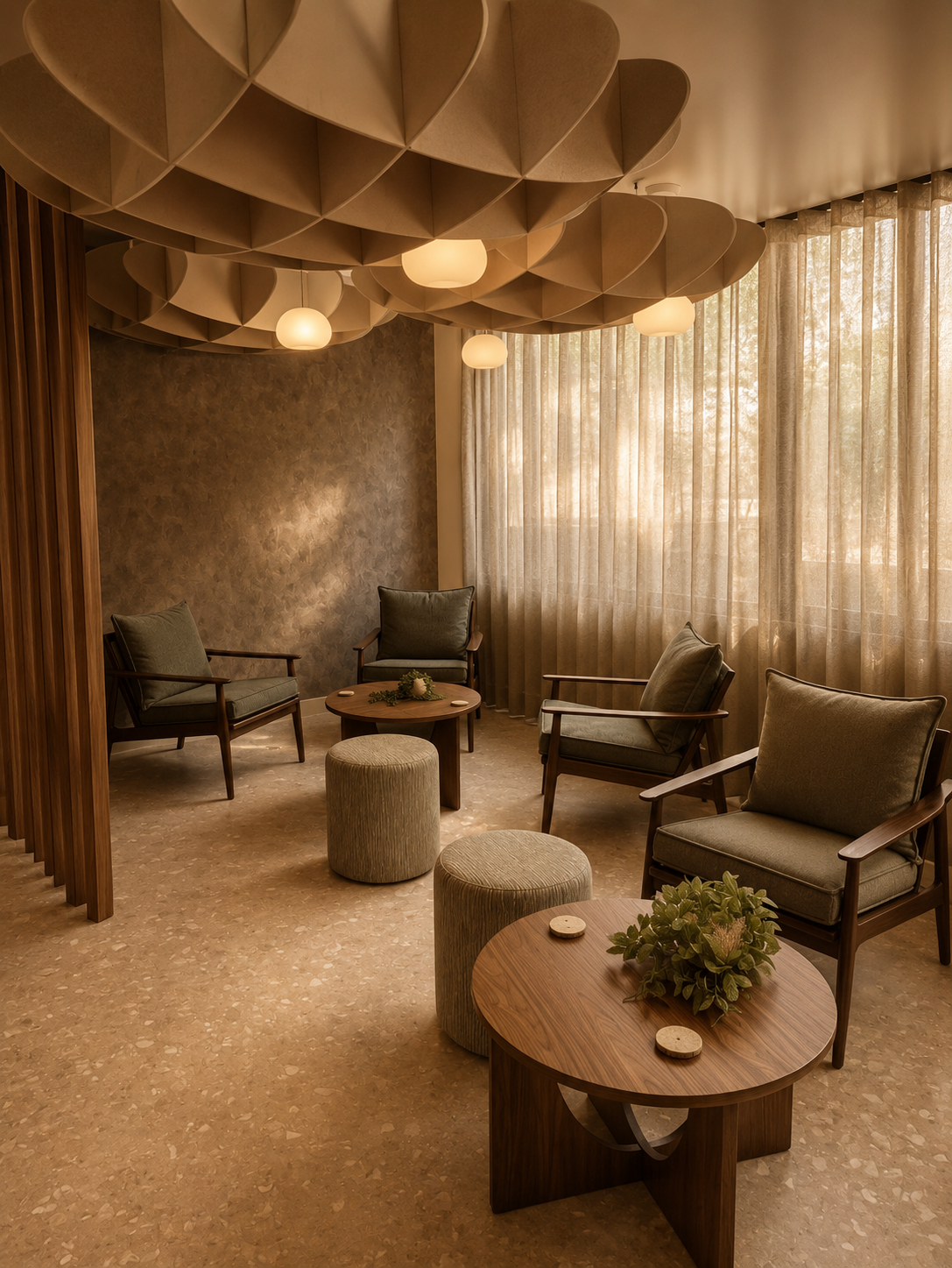 A peaceful relaxation lounge at Being Wellness Centre in St Albans, featuring wooden armchairs, soft furnishings, warm pendant lighting and a calming atmosphere for guests enjoying massage, float therapy and infrared sauna experiences.