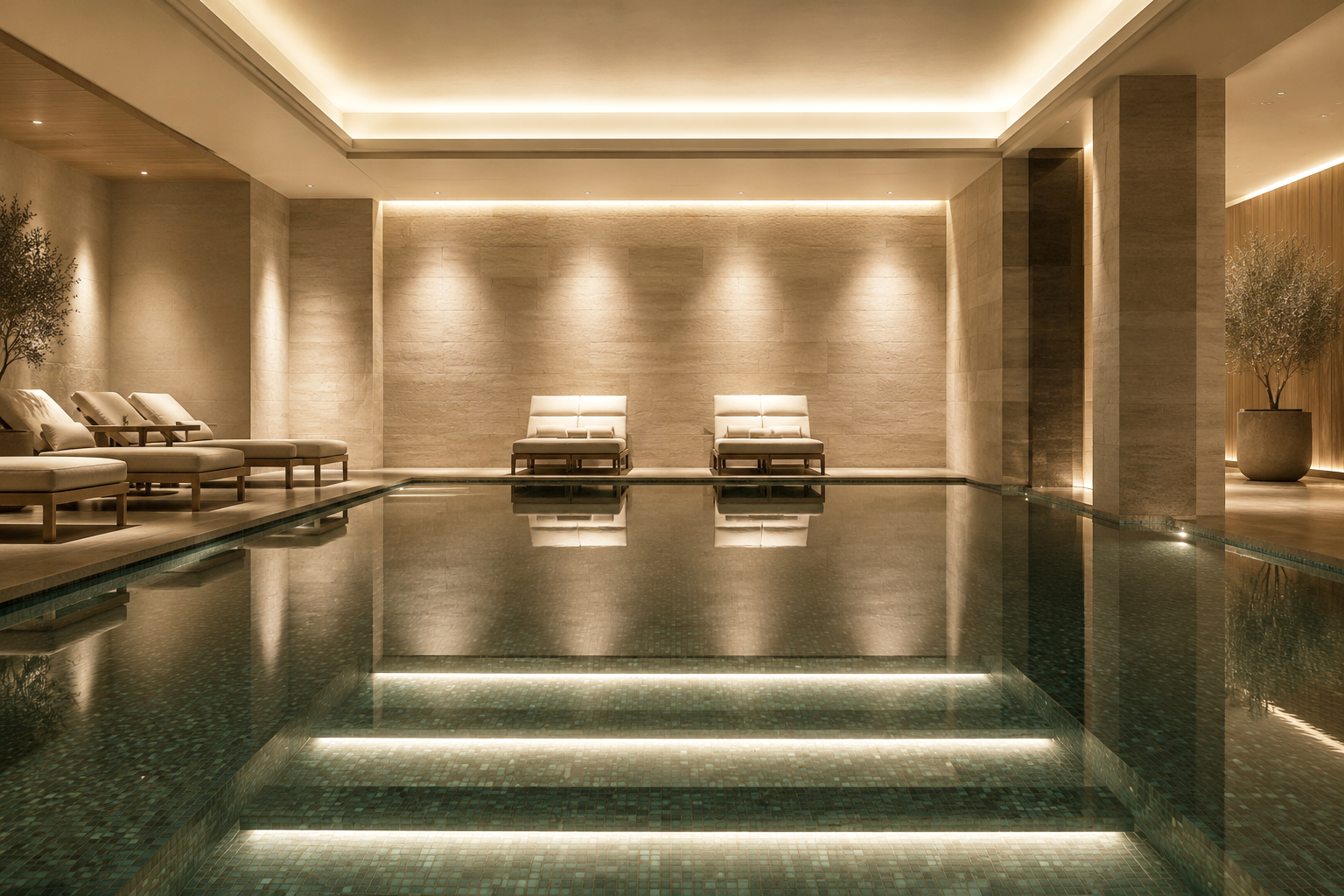 Luxury float therapy pool at the Langley Spa, Buckinghamshire, featuring a calm, contemporary space with relaxing lighting, comfortable seating and natural finishes designed for deep relaxation, recovery and wellbeing.