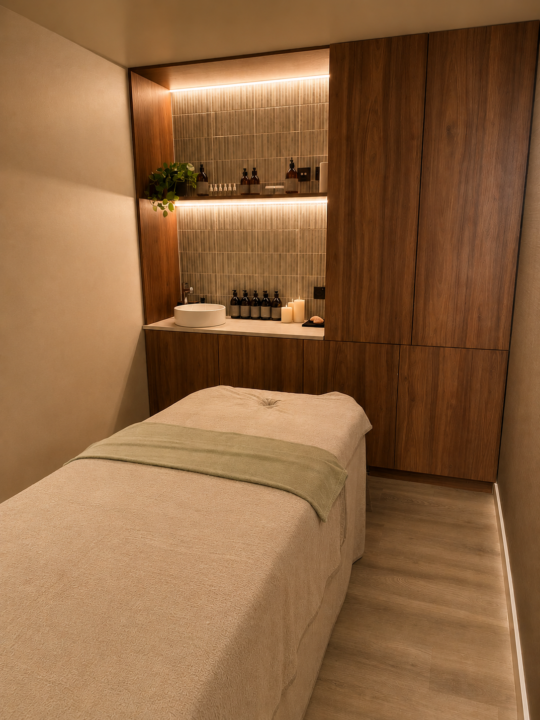 A peaceful massage treatment room at Being Wellness Centre in St Albans, featuring a professional massage table, natural wood cabinetry, premium spa products, candles and a calming setting for massage therapy and wellbeing.